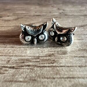 Tiny Vintage Owl Stud Earrings –‎ Rhinestone Eyes  Antiqued Silver Tone Whimsy